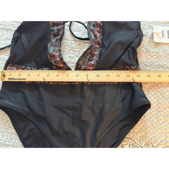 Cupshe NWT LG One Piece Black Low Plunge Halter Boho Open Back Y2K Paisley Trim - Picture 15 of 15